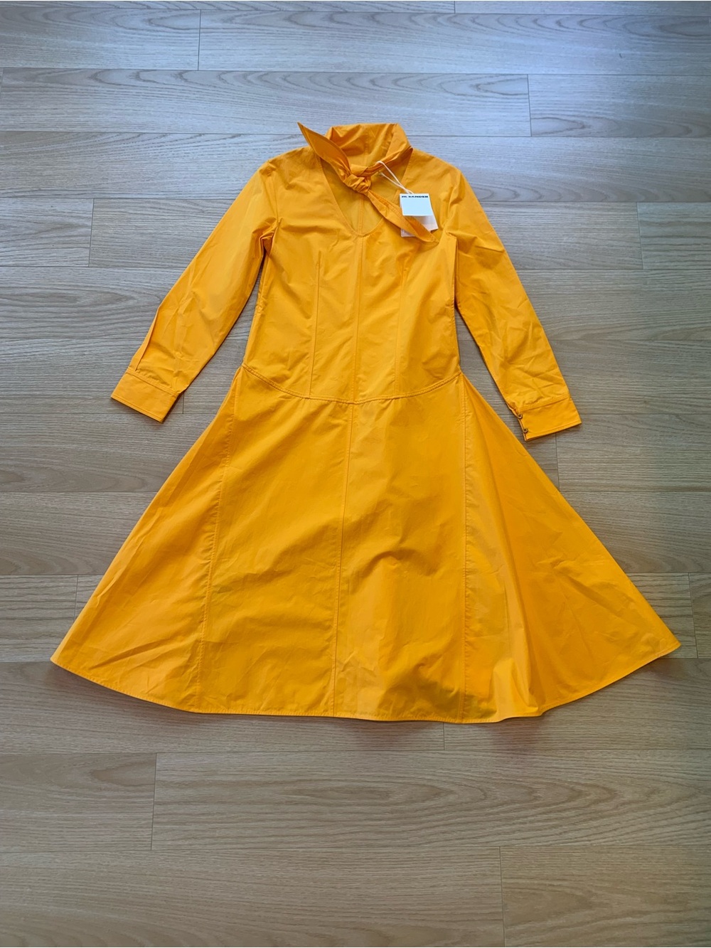 Jil Sander Orange Tie Neck Cotton Poplin Long Sleeve Midi Dress NWT Size 36 DE